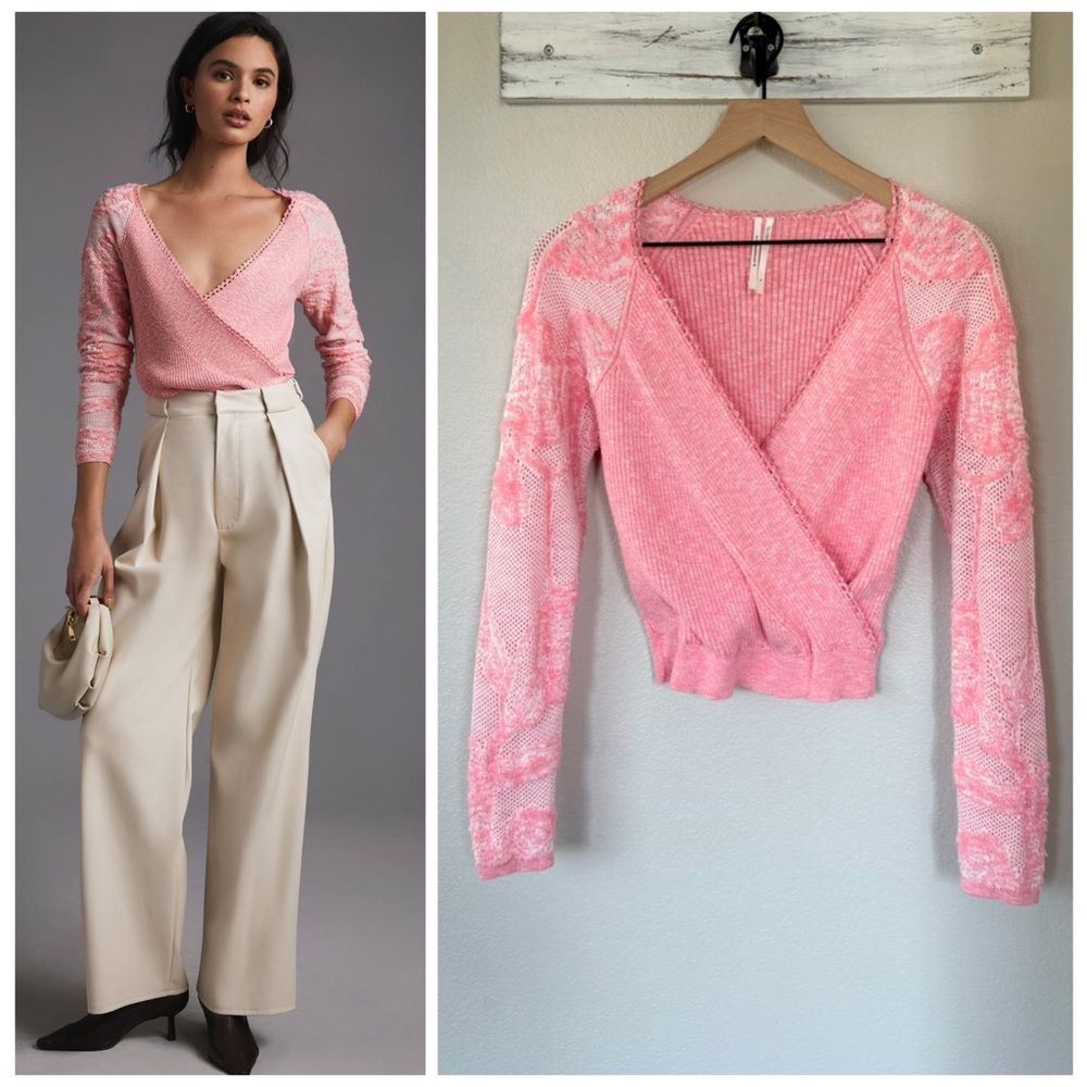 ANTHROPOLOGIE S Lace Sleeve Sweater in Pink • Deep Surplice Romantic Pullover